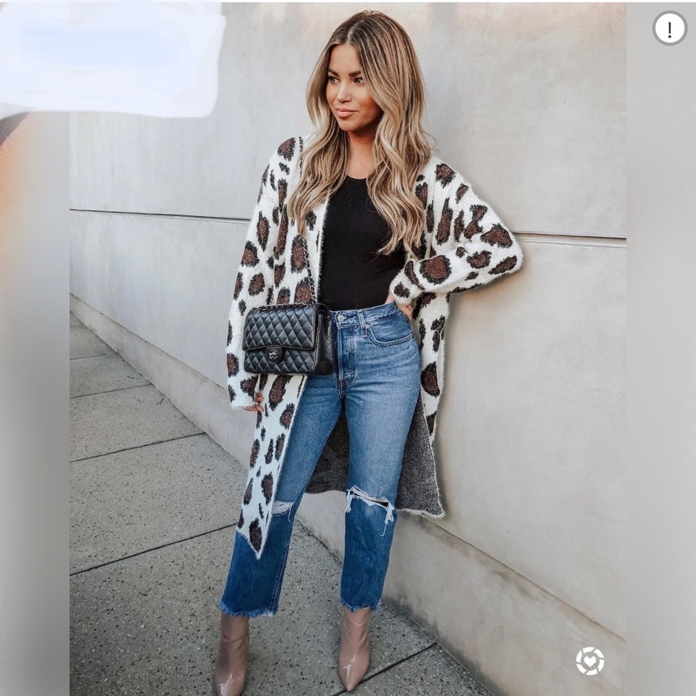 LEOPARD PRINT LONG SWEATER CARDIGAN - Ivory/Brown- S/M